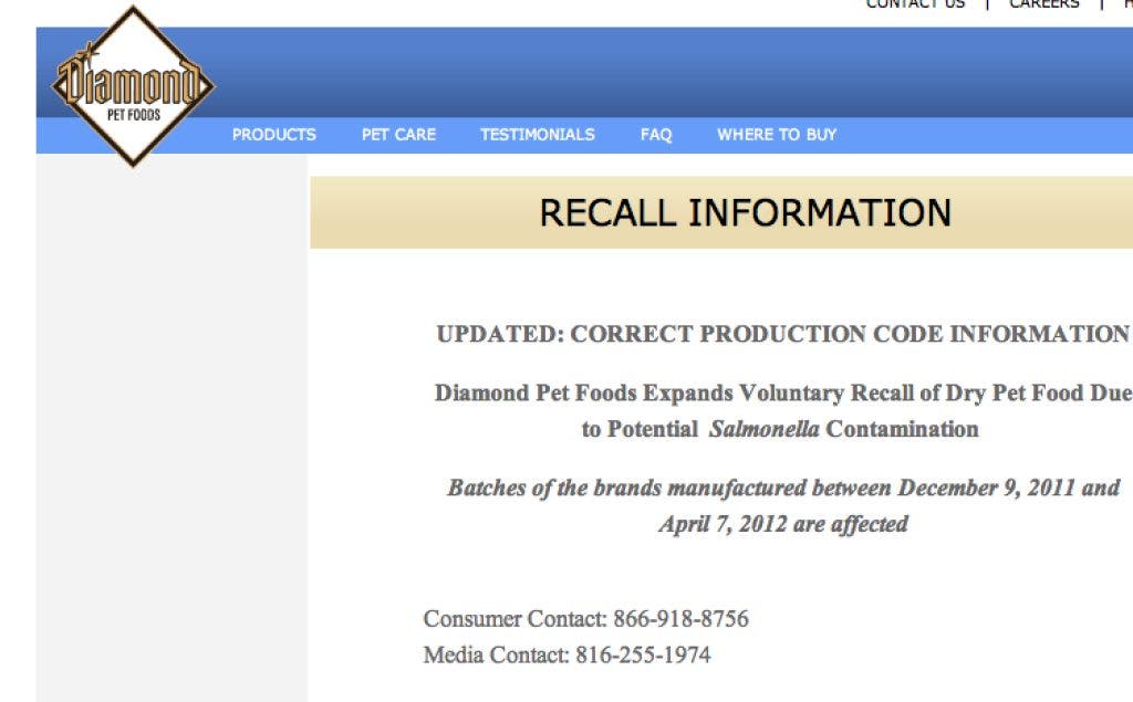 diamond dog food recall 2012 1